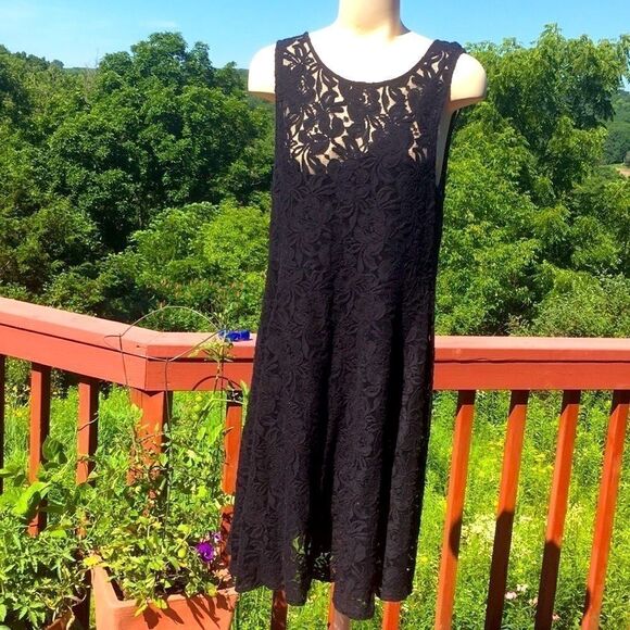 Free People Dress Sleeveless full lace lined black sheer stretch mini or tunic M - Picture 4 of 11